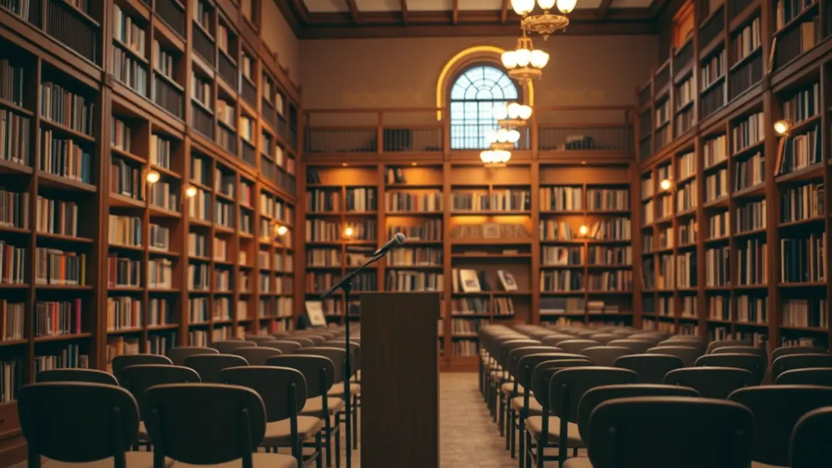 Generic image of a library with wooden bookshelves and a podium with a microphone, in a warm atmosphere.