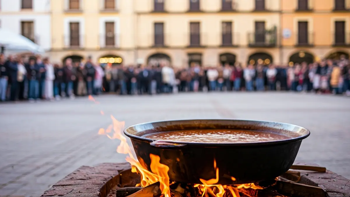Image of a large traditional wooden pot cooking soup in a festive square.