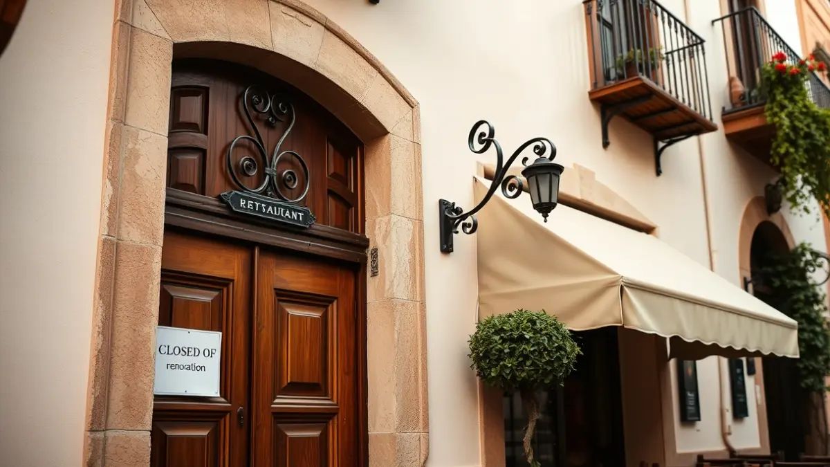 Facade of a traditional Andalusian restaurant with a 'closed for renovation' sign.