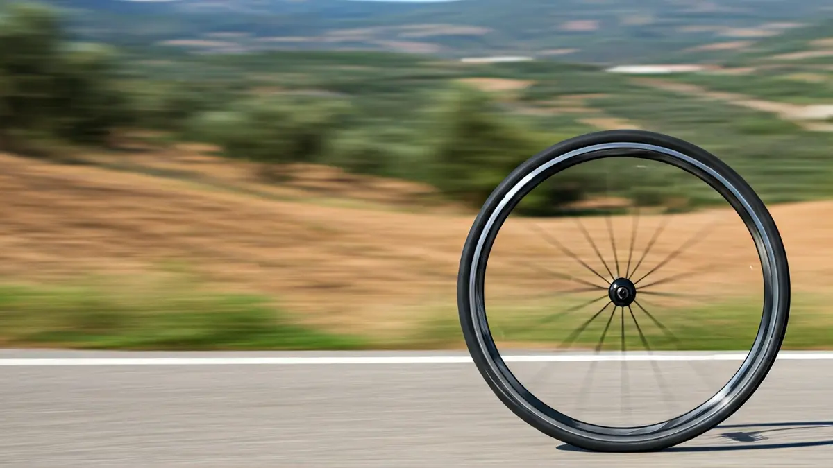 Imagen genérica de una rueda de bicicleta de carreras en movimiento en una carretera rural andaluza.