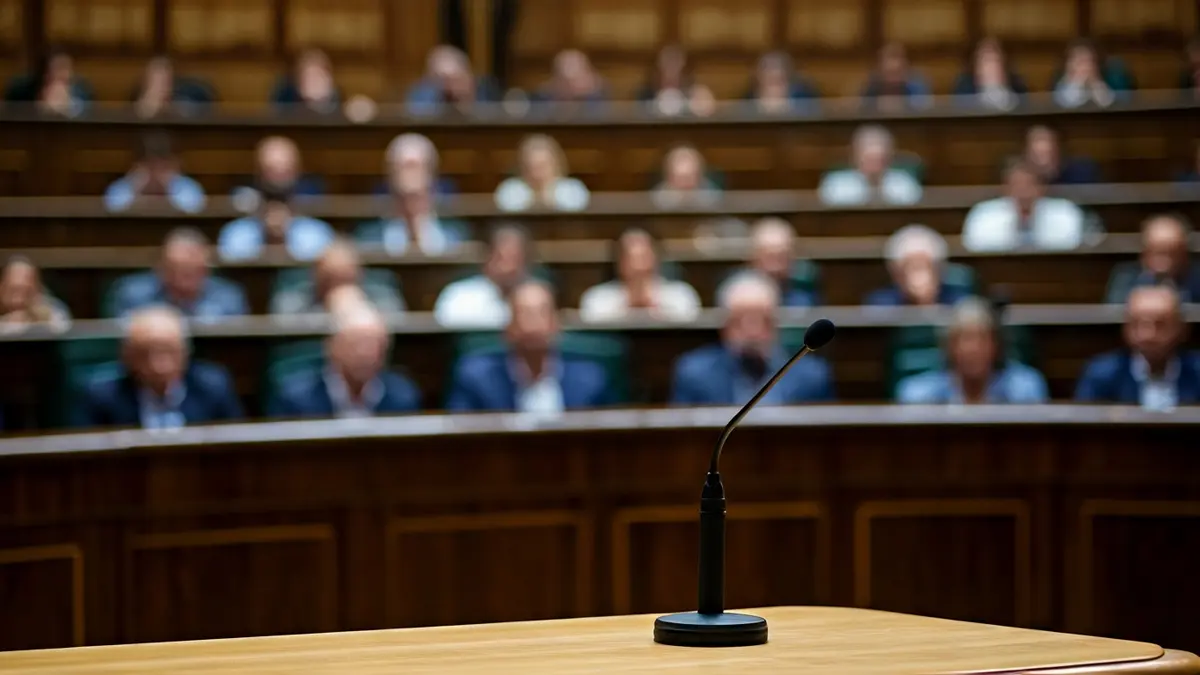 Generic image of a microphone on a podium in an assembly hall, symbolizing political debate.