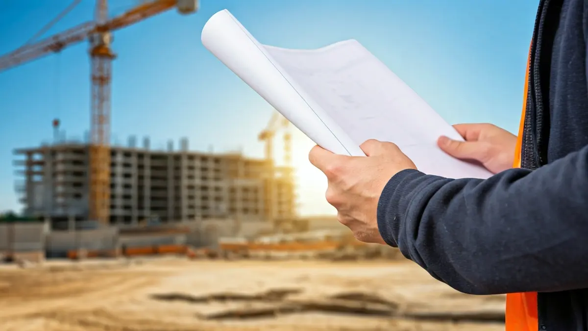 Generic image of a construction worker's hands holding a blueprint, with concrete structures and cranes in the background.