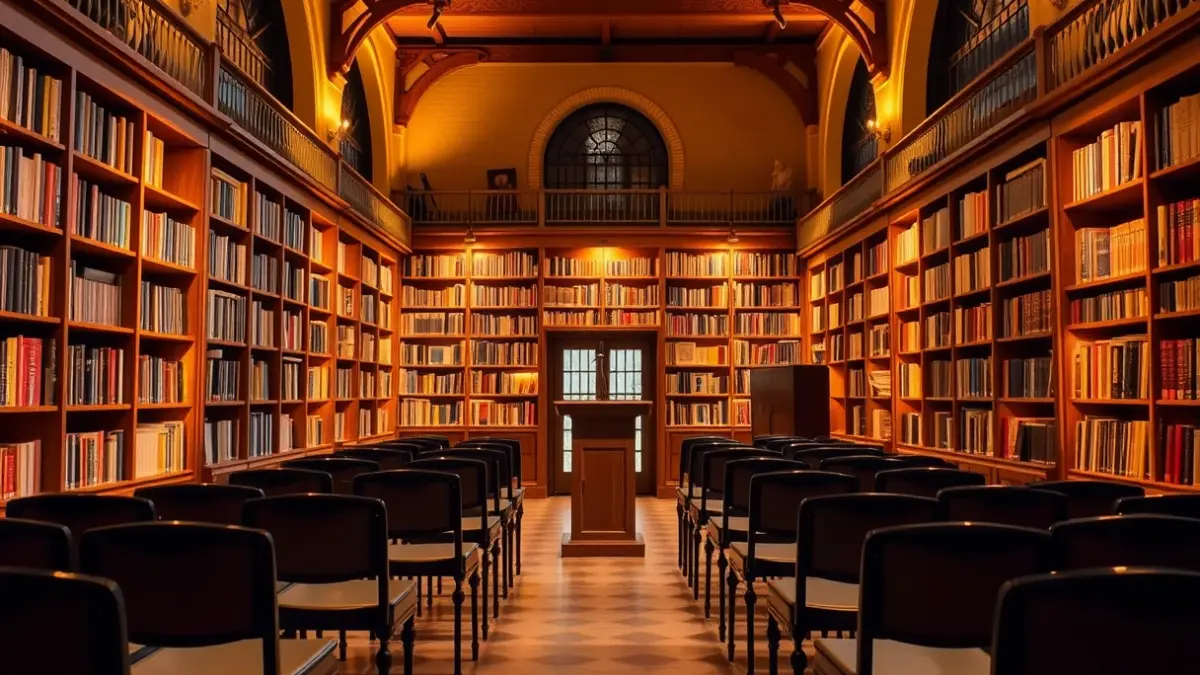 Generic image of an exhibition hall or library with a warm atmosphere.