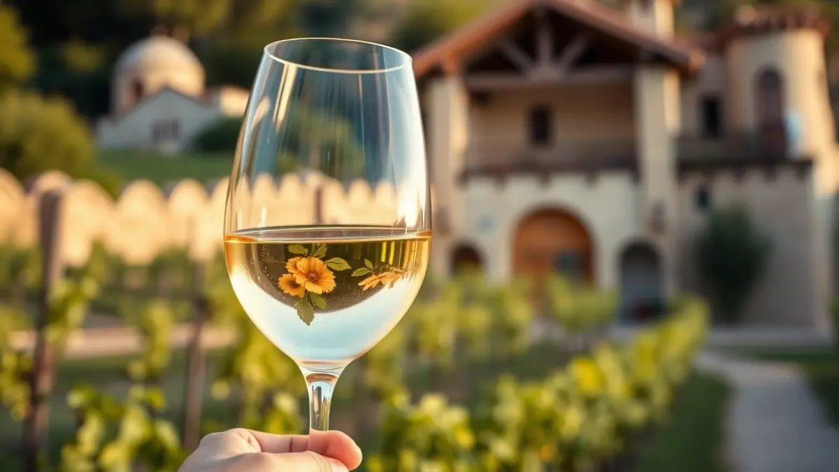 Generic image of a wine glass with a vineyard and bodega landscape in the background.