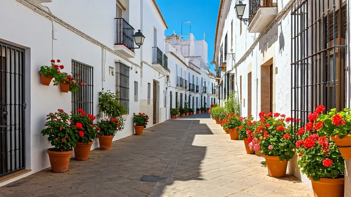 Generic image of a street in an Andalusian village, with white houses and flowers.