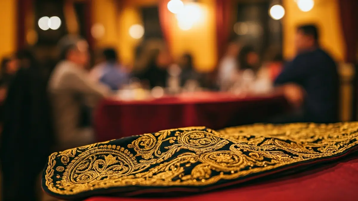 Bullfighter's 'capote de paseo' in a Seville restaurant, with a festive background.