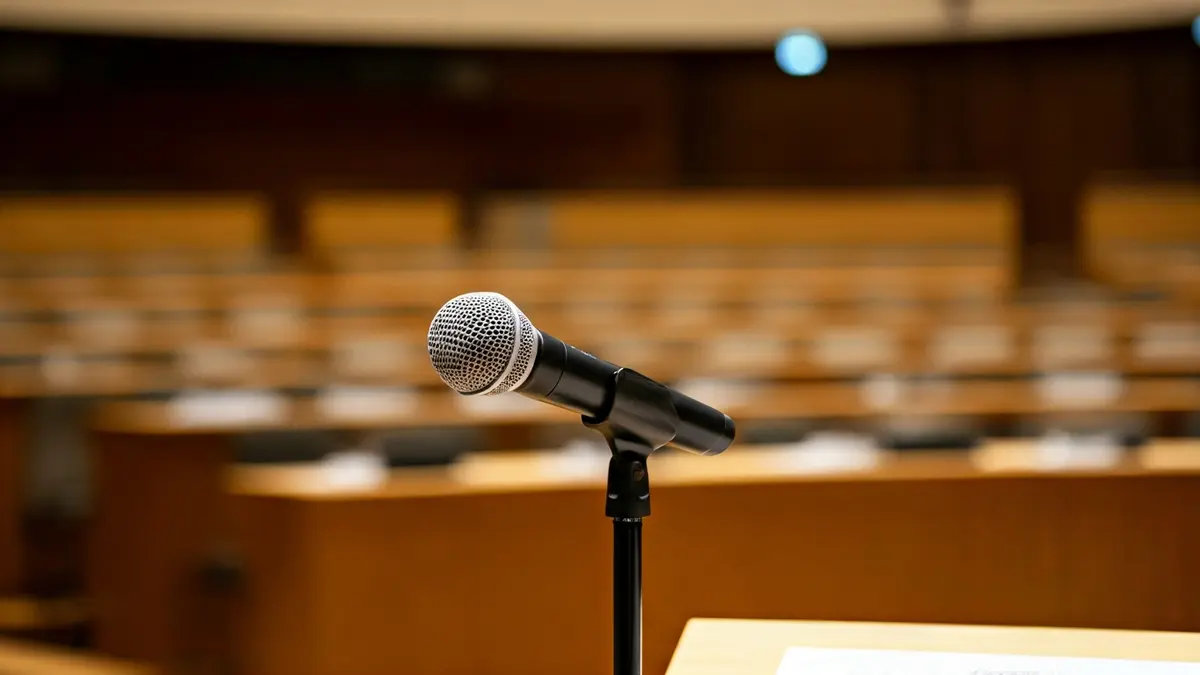 Generic image of a microphone on a podium at a political event.