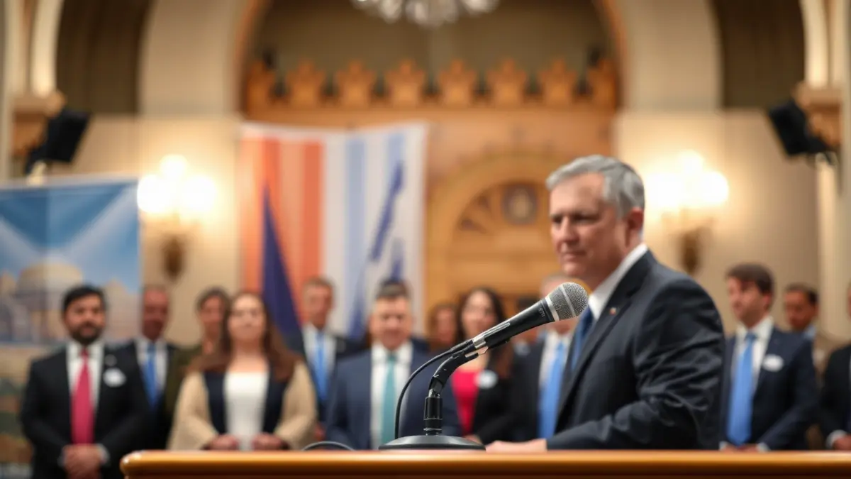 Generic image of a microphone on a podium during a political event.