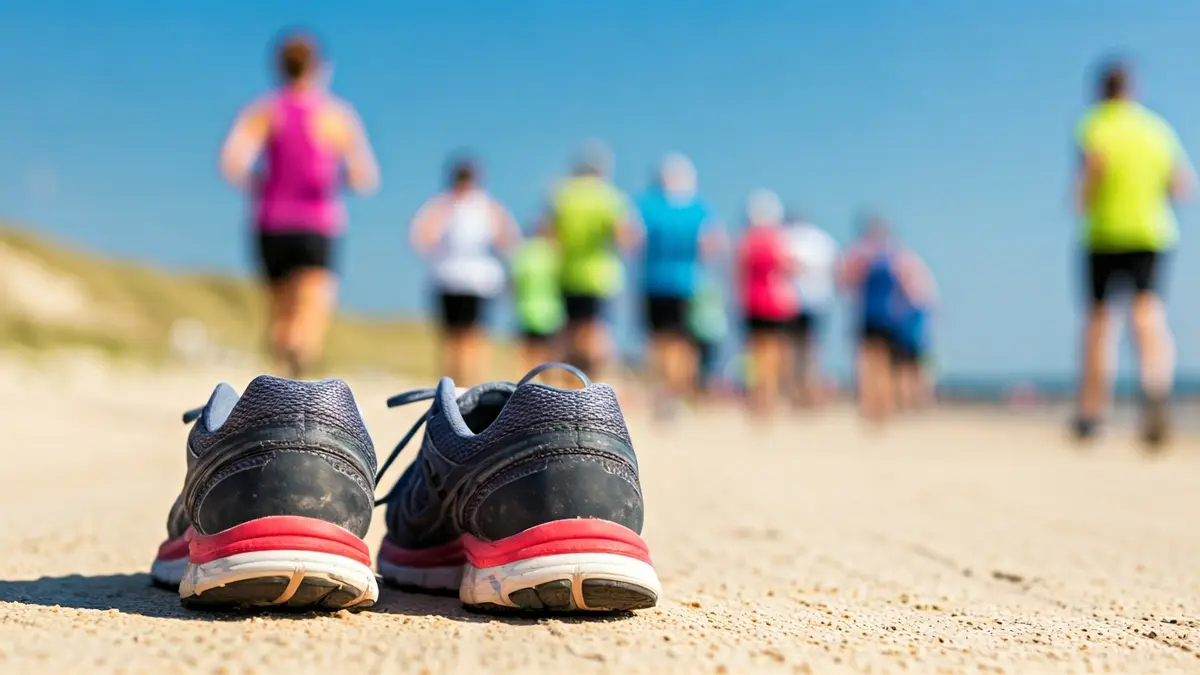 Imagen genérica de zapatillas de correr en una senda de playa con corredores al fondo.