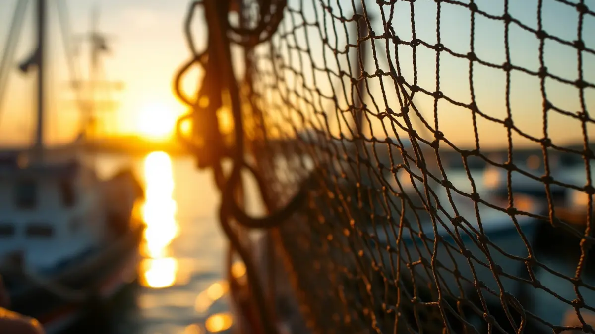 Generic image of a fishing net in a harbor at sunset.