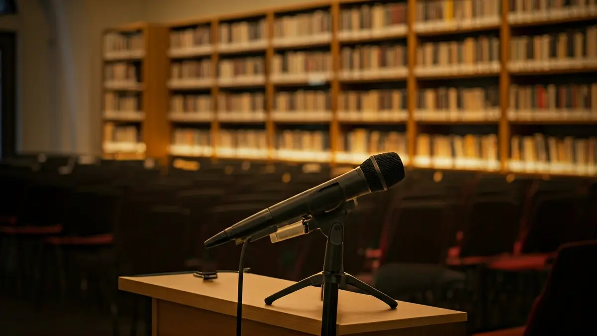 Imagen genérica de una sala de presentación o biblioteca con un micrófono y sillas vacías.