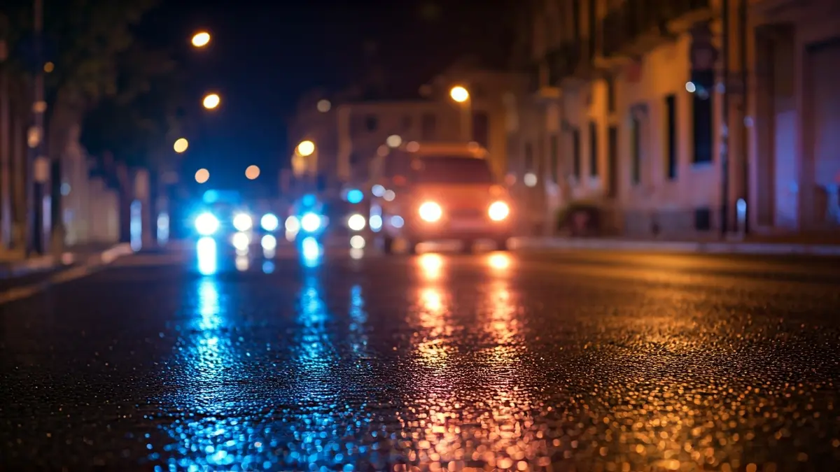 Imagen genérica de luces de emergencia de la policía reflejadas en el asfalto mojado por la noche.