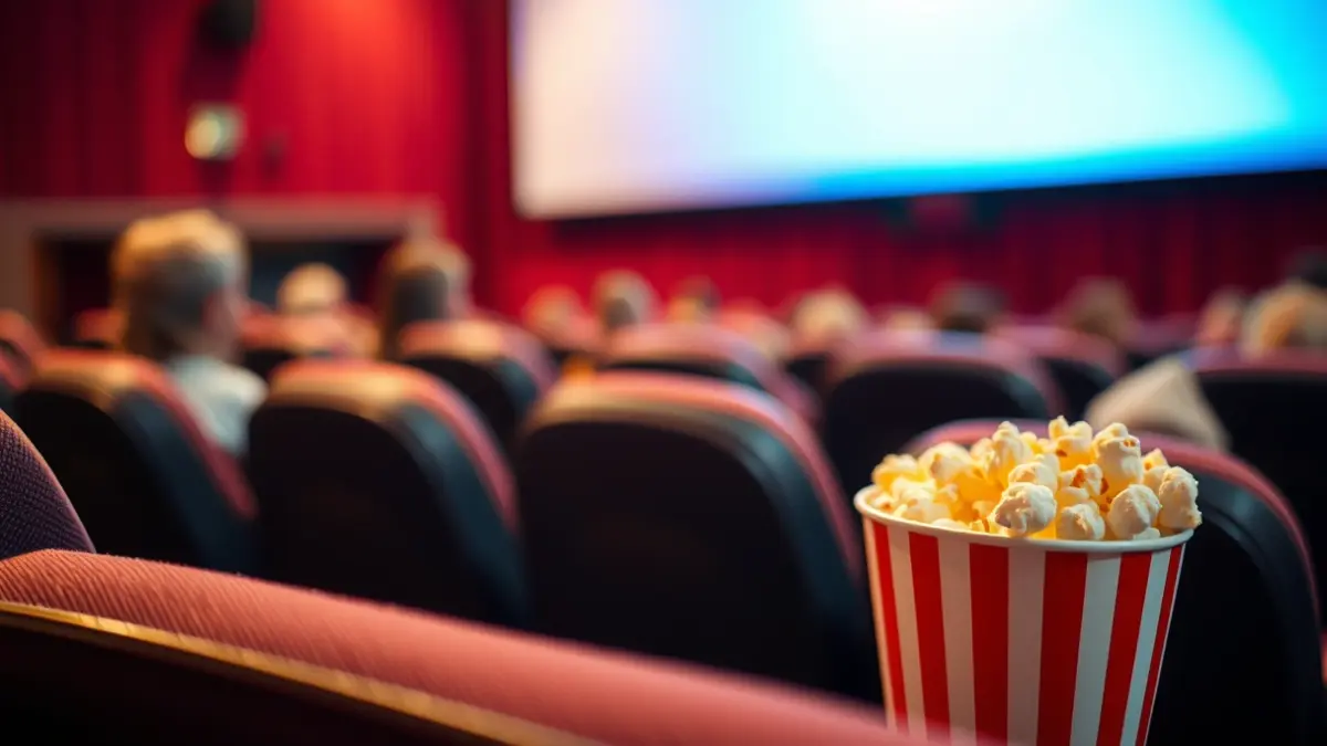 Generic image of a cinema ticket and popcorn on a cinema seat.