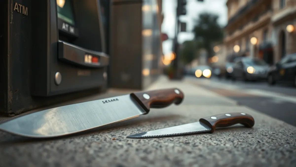 Image of a knife and a saw next to an ATM.