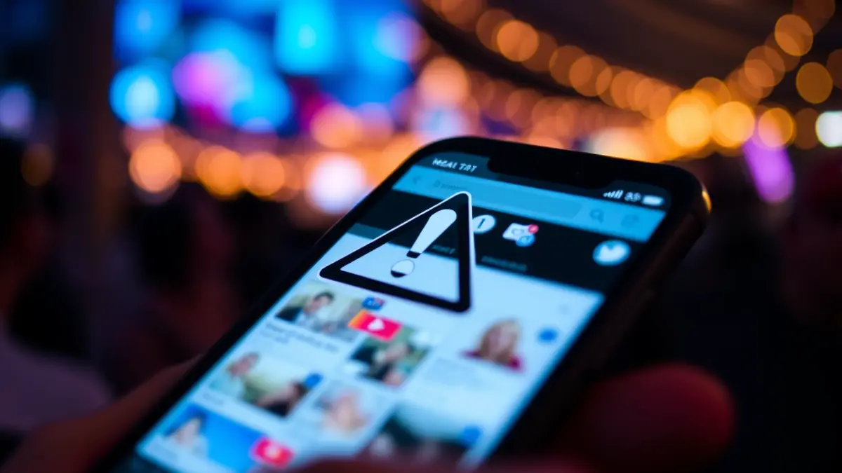 Image of a mobile phone displaying social media with a warning, symbolizing the dissemination of sensitive content.