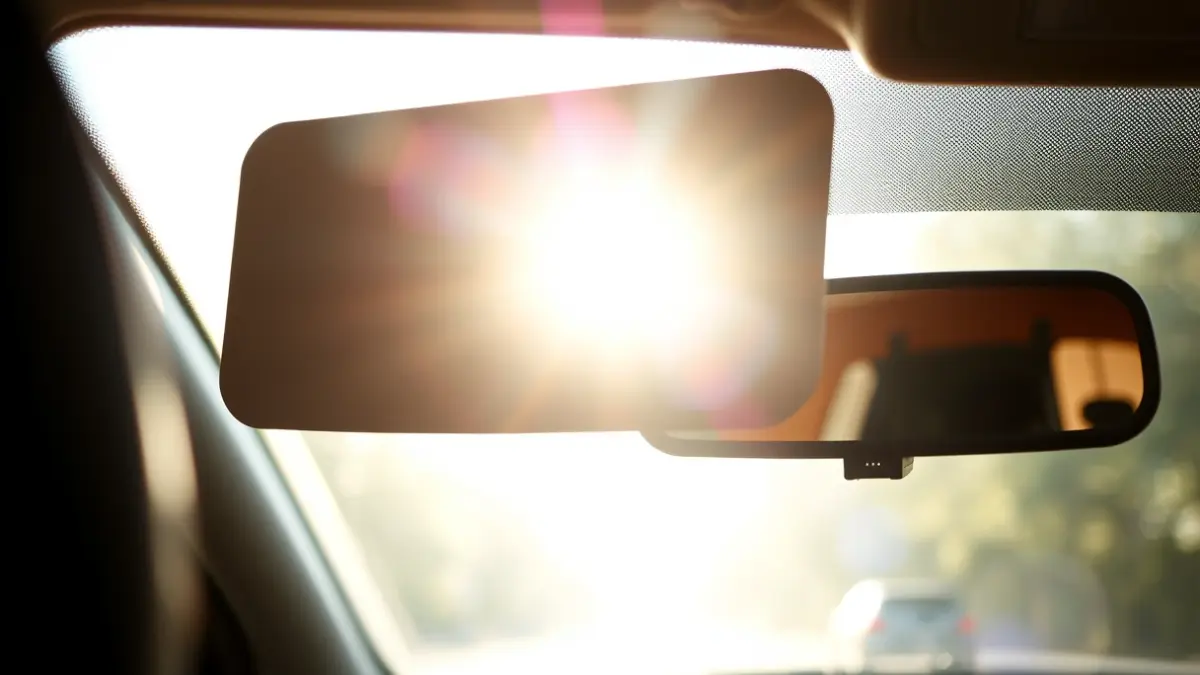 Imagen genérica de un parasol de coche y un espejo retrovisor, con luz solar intensa.