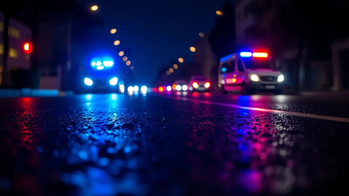 Generic image of emergency lights reflected on wet asphalt at night.