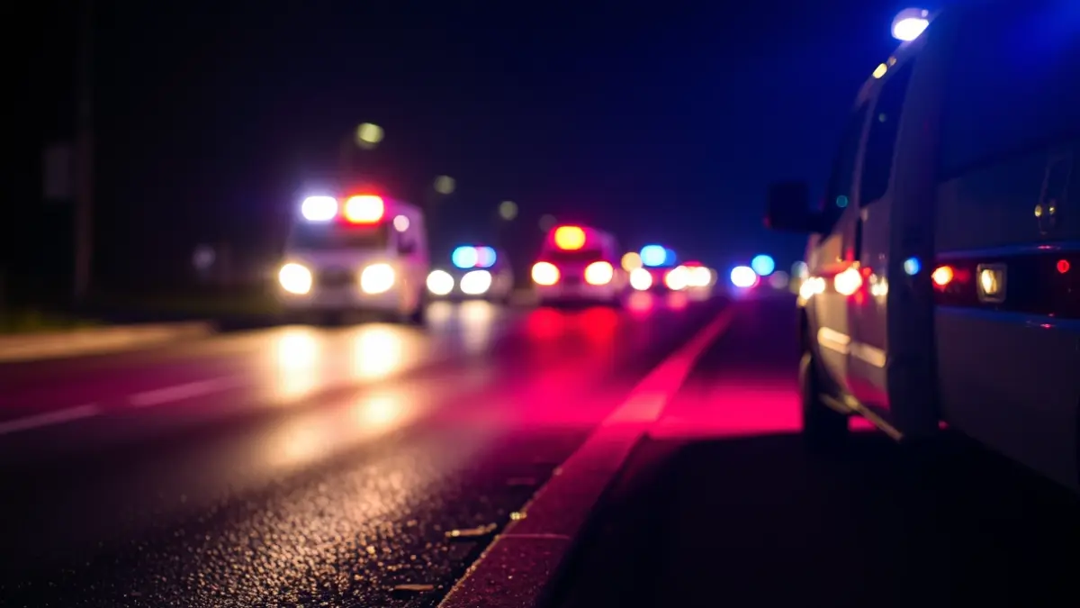 Generic image of emergency lights on a wet road at night.