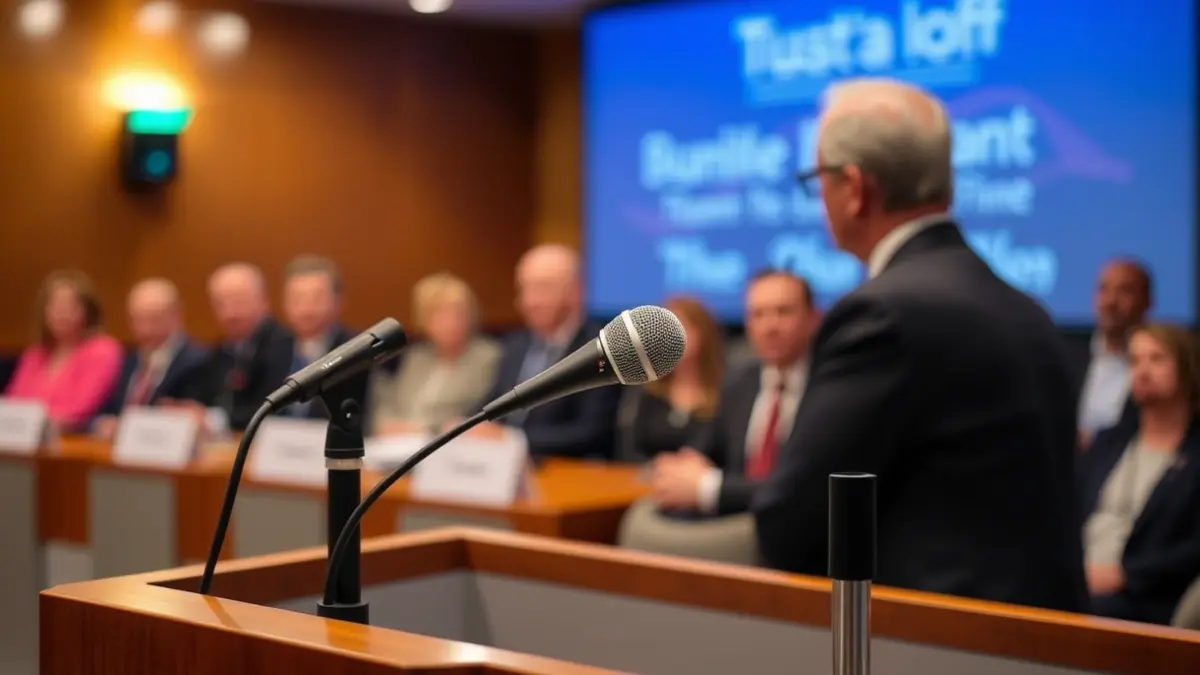 Imagen genérica de un micrófono en un podio durante una conferencia, simbolizando el debate político.