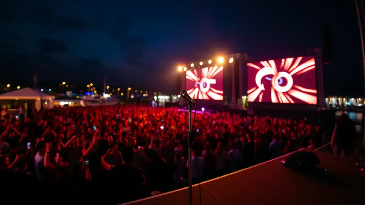 Generic image of an empty concert stage before a performance, with bright lights and a blurred crowd.