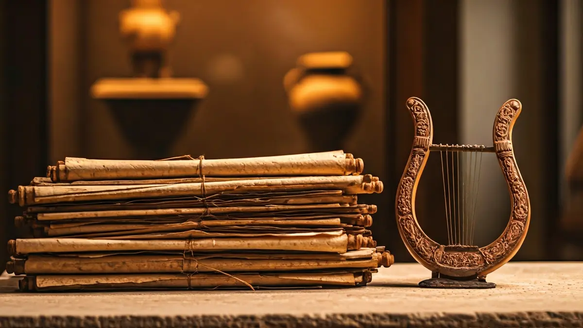 Imagen de objetos musicales y arqueológicos que evocan la cultura íbero-romana.