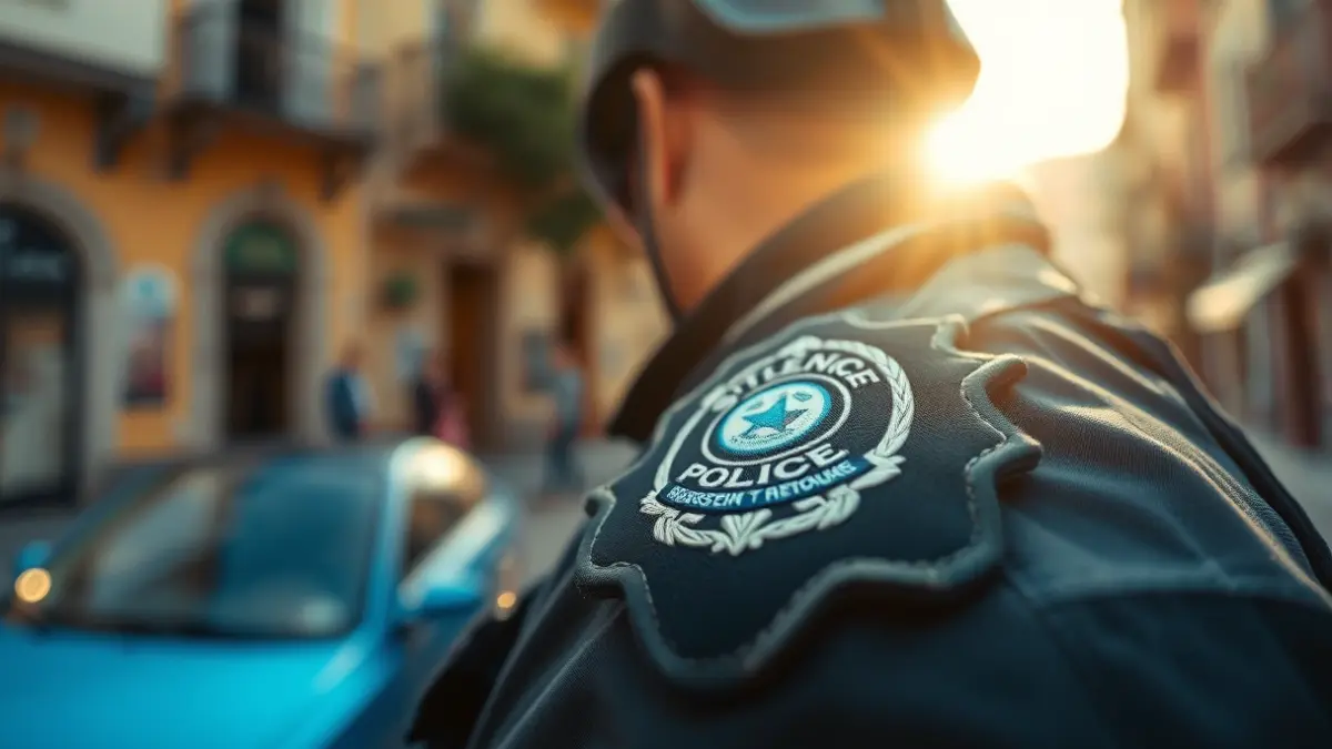Imagen genérica de un emblema policial en un uniforme, con un fondo urbano mediterráneo desenfocado.