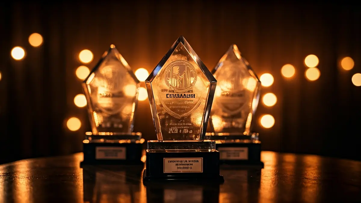 Imagen genérica de cinco premios o galardones en un evento formal.