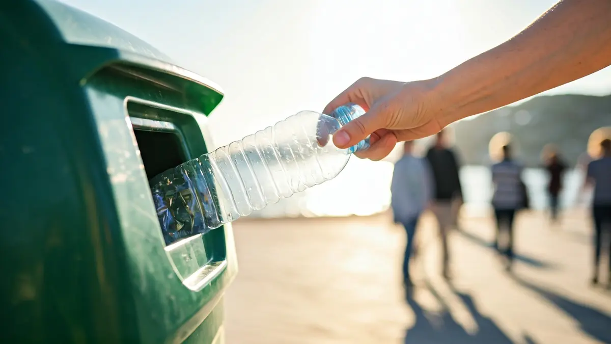 Imagen genérica de una mano depositando una botella de plástico en un contenedor de reciclaje, con un paisaje costero de fondo.