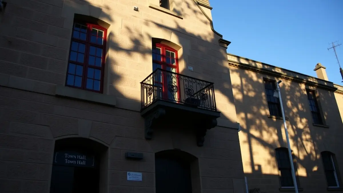 Fachada de un ayuntamiento de piedra con balcón y barandillas de hierro, bajo la luz del sol de la tarde.