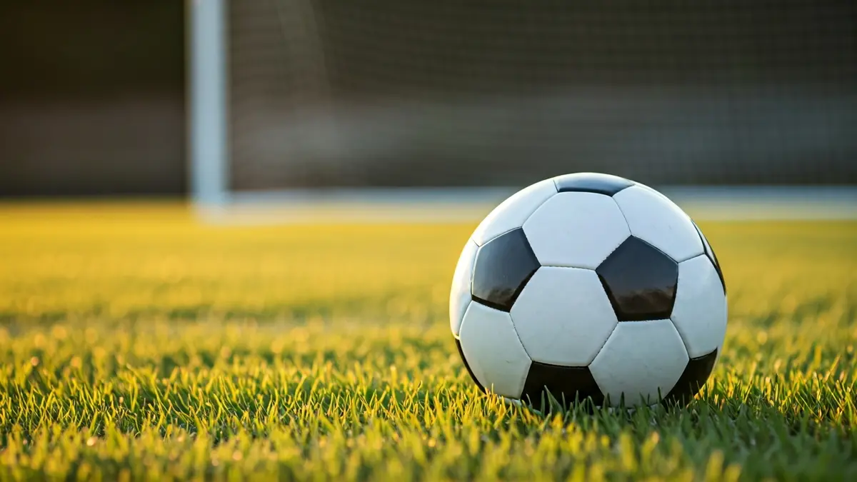 Generic image of a soccer ball on the grass, with a blurred goal in the background.