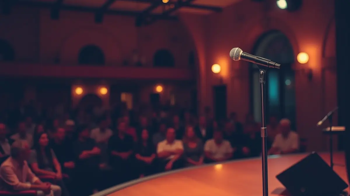 Imagen de un escenario con un micrófono y luces, listo para un concierto.