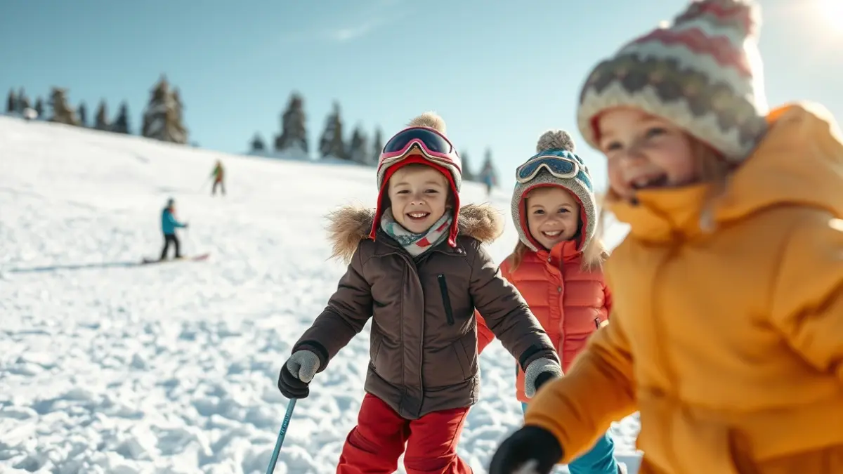 Children playing in the snow in Sierra Nevada, with mountains in the background.