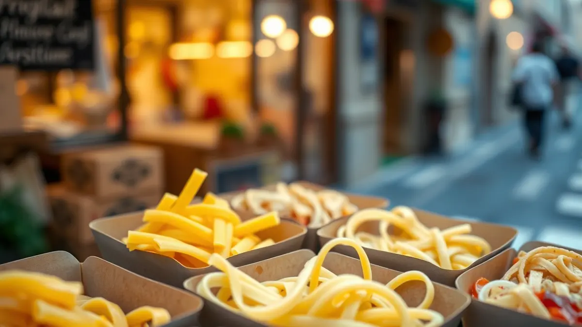Generic image of takeaway pasta in containers, with a blurred urban background.