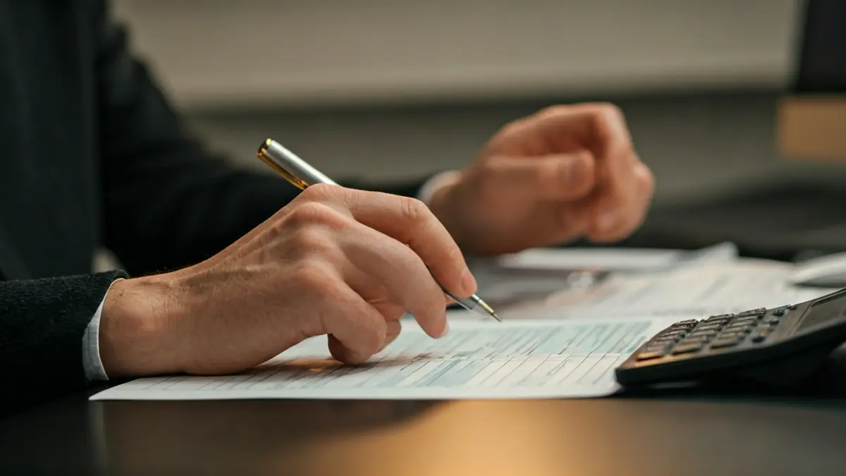 Imagen genérica de una persona revisando documentos fiscales con una calculadora y un bolígrafo.