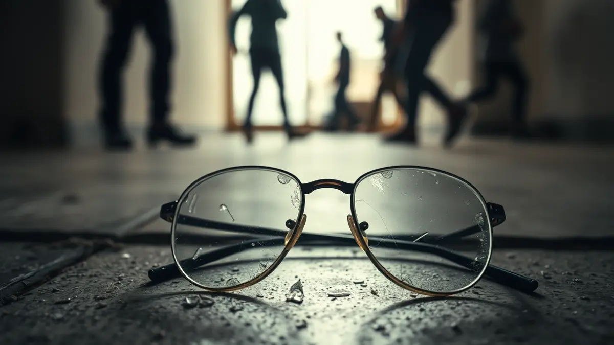Gafas rotas en el suelo tras una agresión en un centro penitenciario.