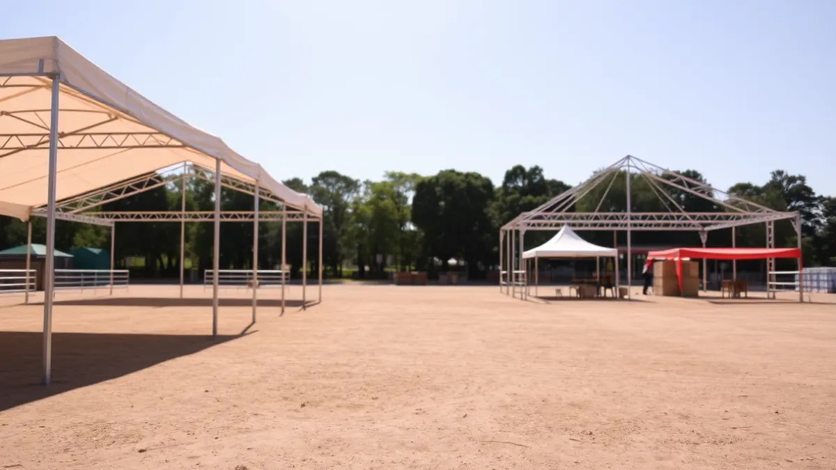 Image of fair booth structures under construction in a park.