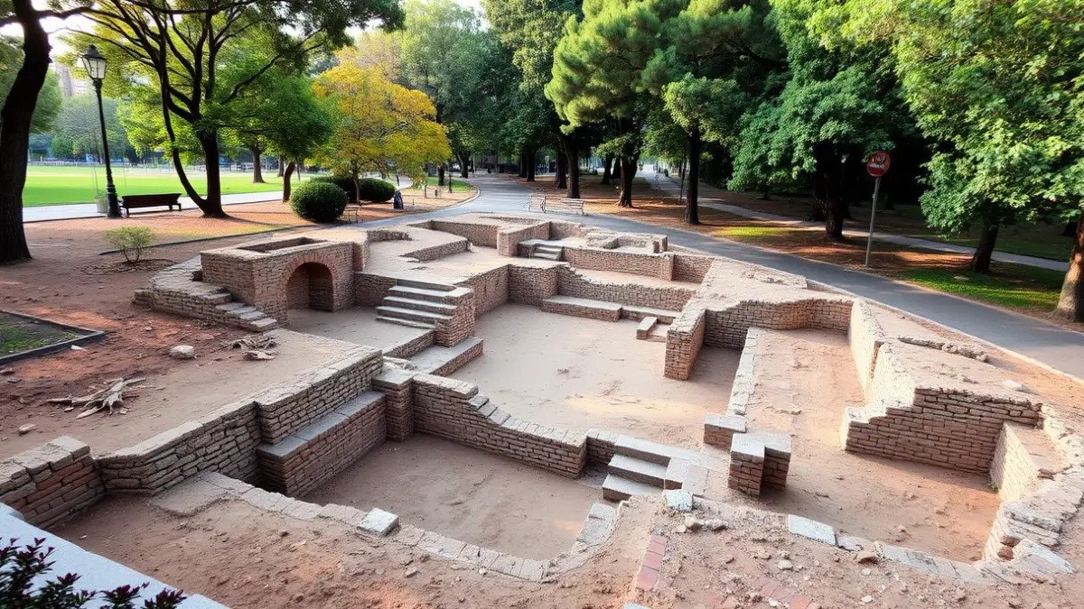 Ruinas romanas en un parque, con excavaciones arqueológicas en curso.