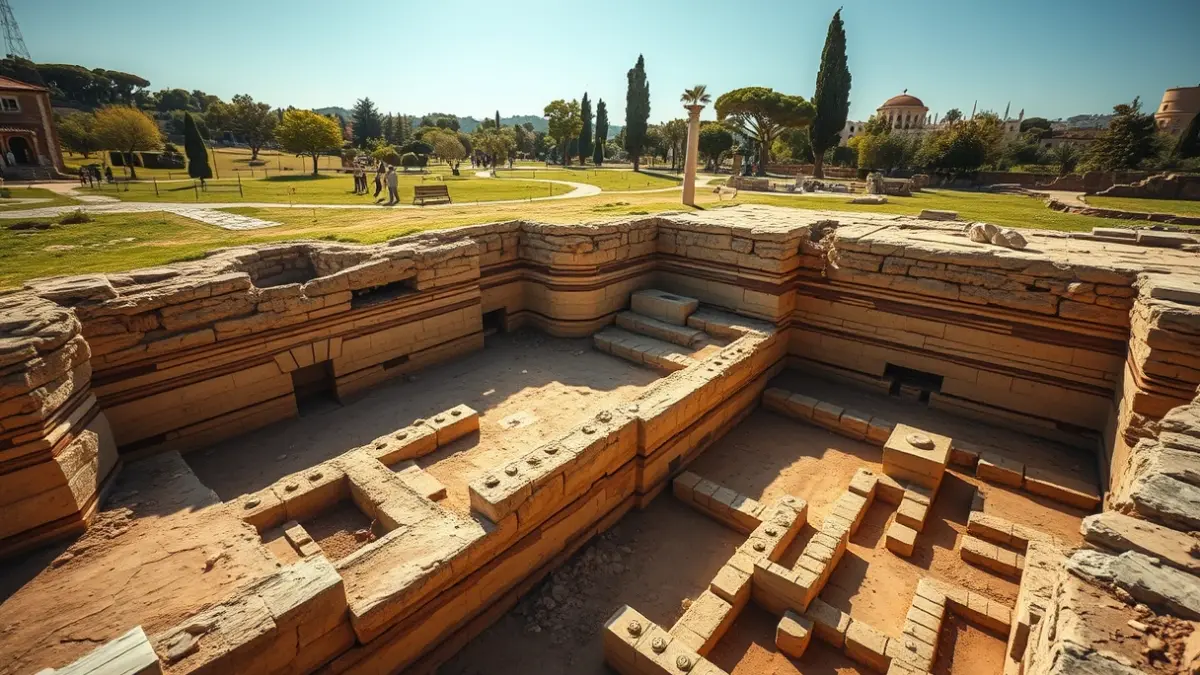 Image of a Roman archaeological site with excavation layers and remnants of ancient structures.