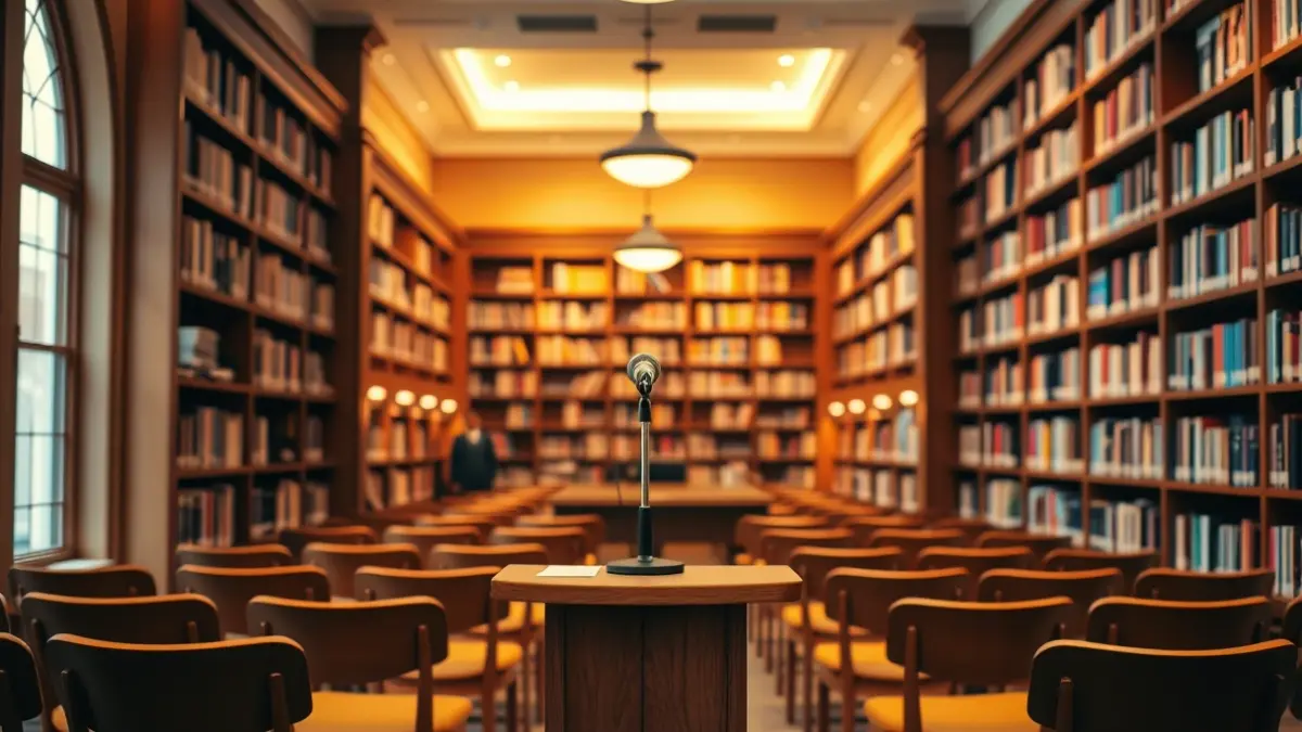 Generic image of a podium with a microphone in an auditorium or library, with bookshelves in the background.