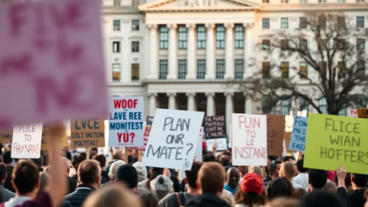 Manifestación en una plaza pública frente a un edificio gubernamental.