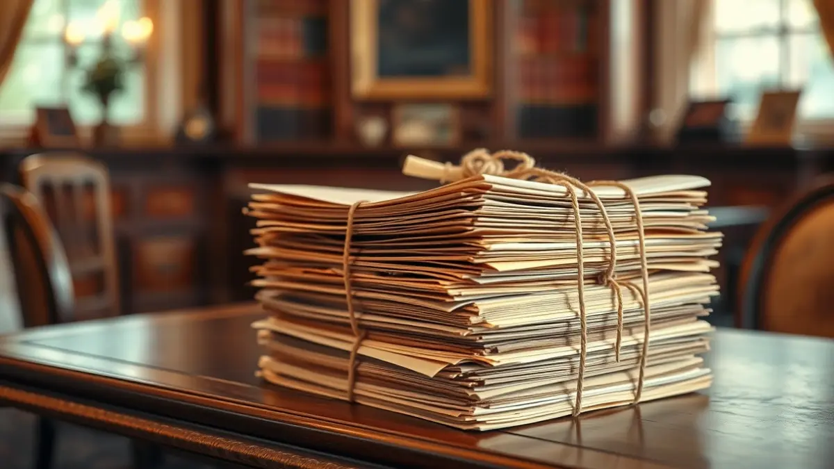 Imagen genérica de documentos antiguos y archivos sobre un escritorio de madera.