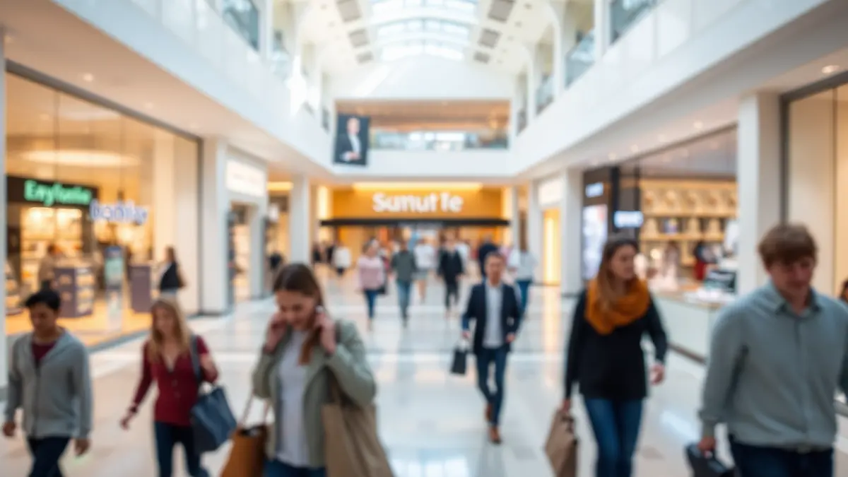 Generic image of the interior of a modern and bright shopping center.