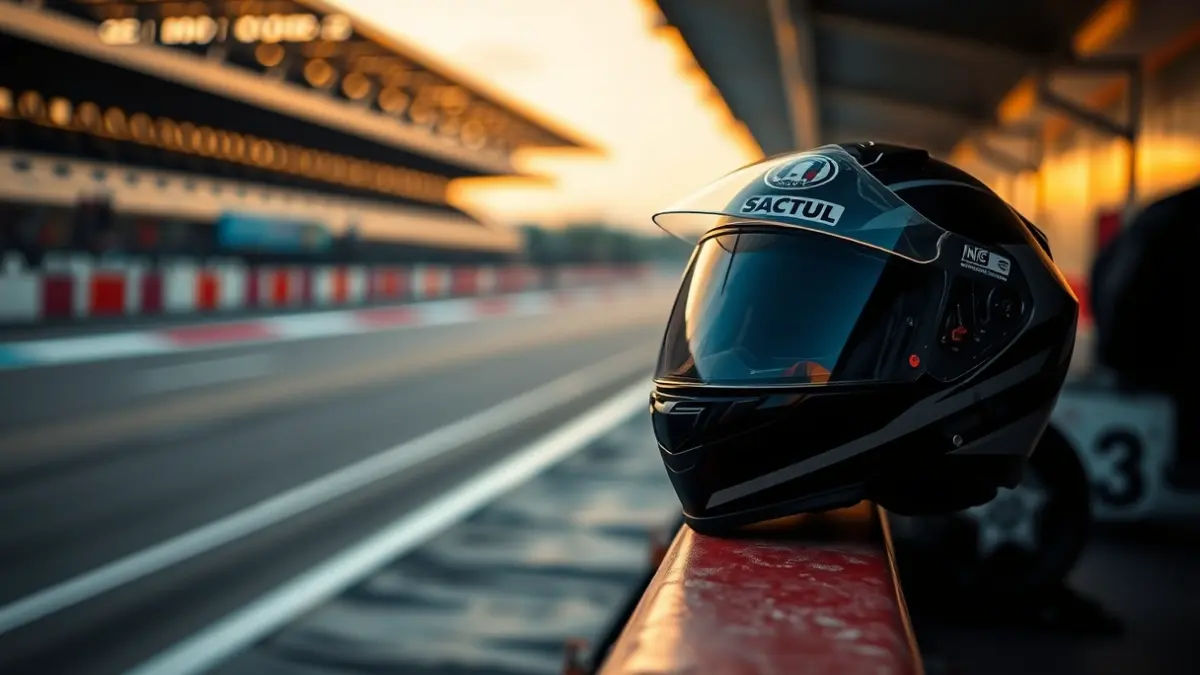 Image of a motorcycle helmet on a pit lane wall, with a blurred racetrack in the background.