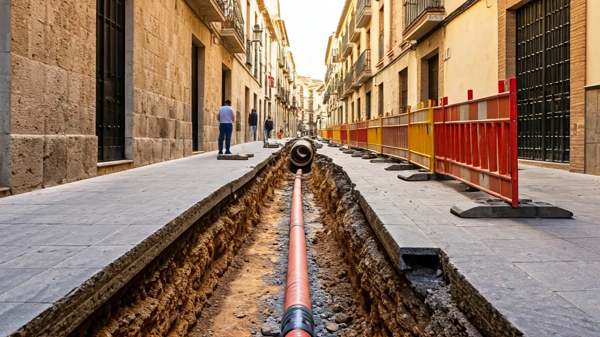 Obras de renovación de saneamiento en una calle del centro histórico de Sevilla.