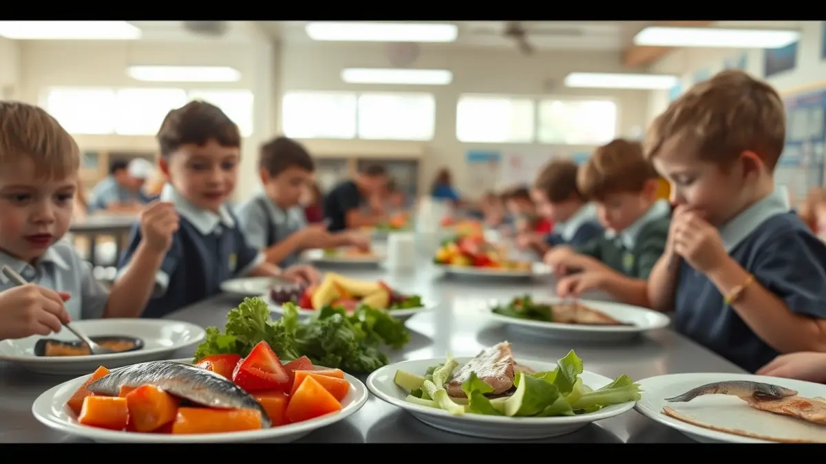 Generic image of a school cafeteria with children eating healthy food.