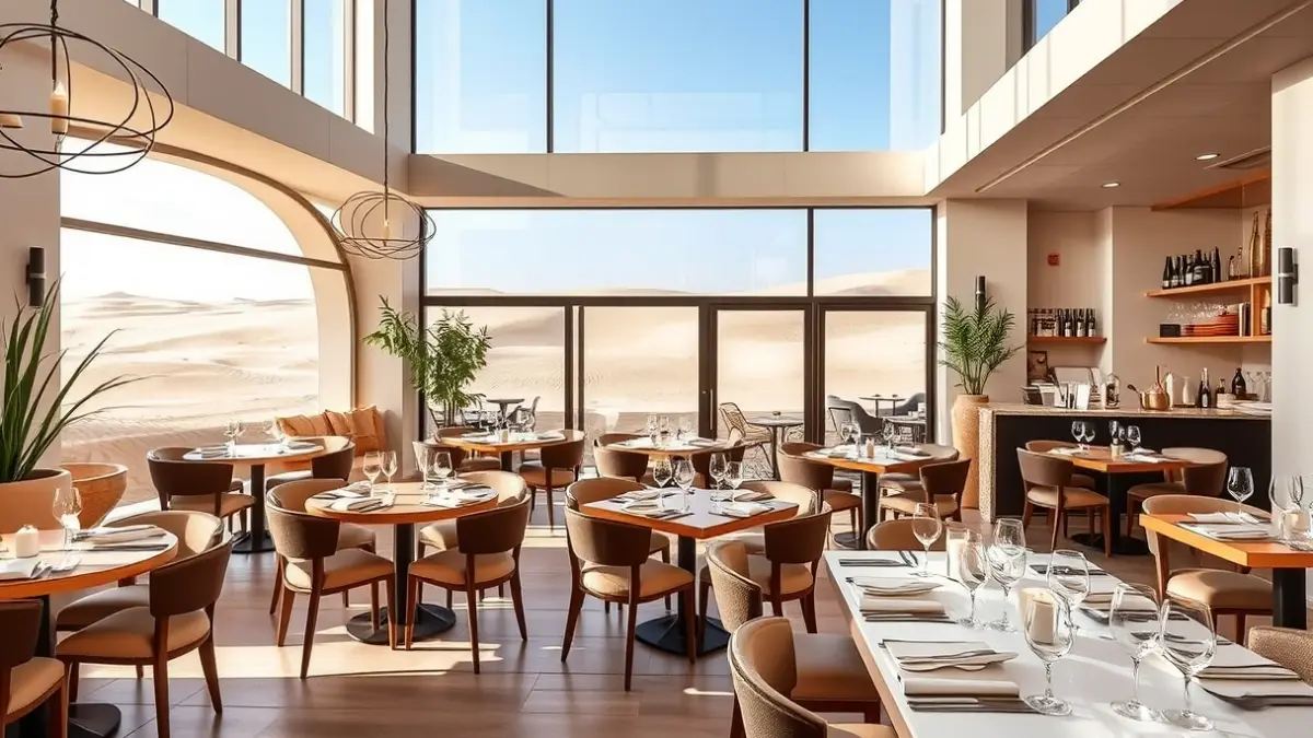 Interior de un restaurante mediterráneo moderno y elegante en Marbella.