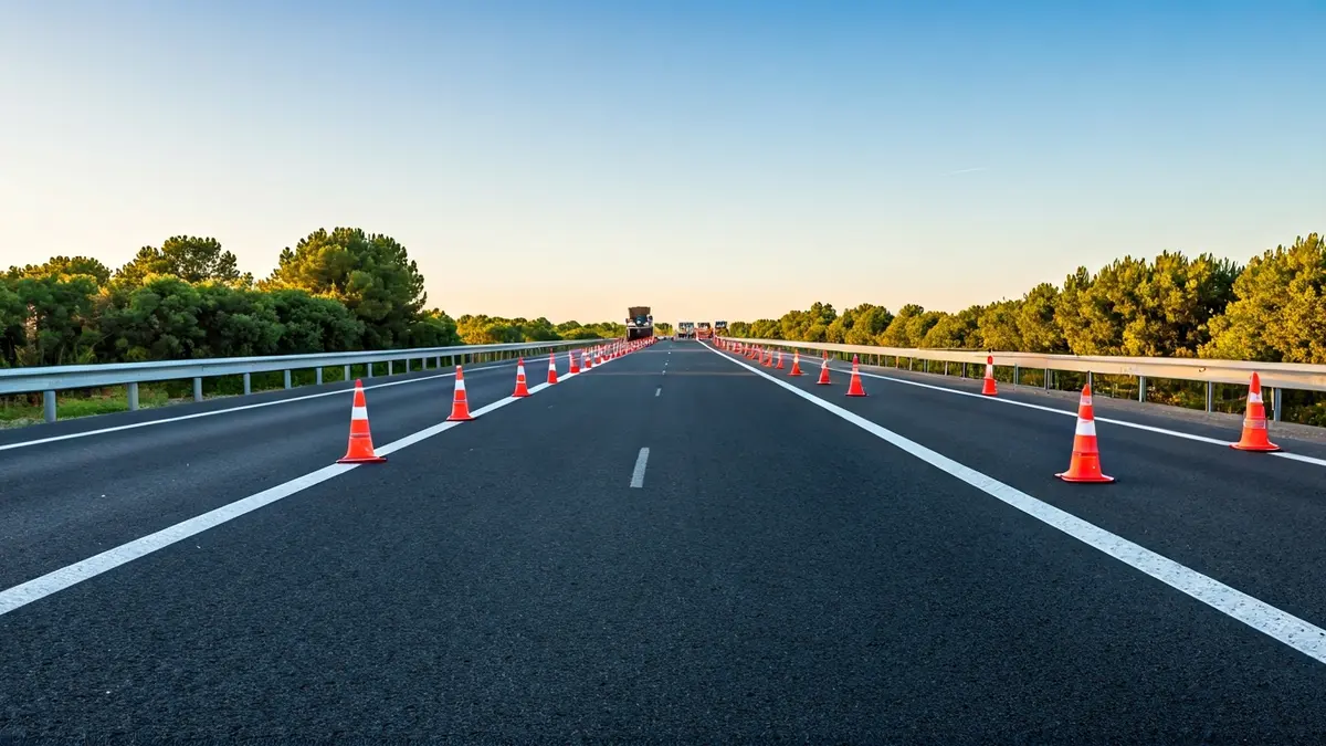 Imagen de un carril de autovía cerrado por obras de mantenimiento con conos naranjas.