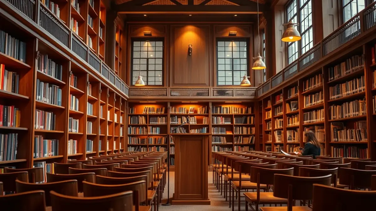 Imagen genérica de un interior de biblioteca con un podio y sillas, iluminado cálidamente.