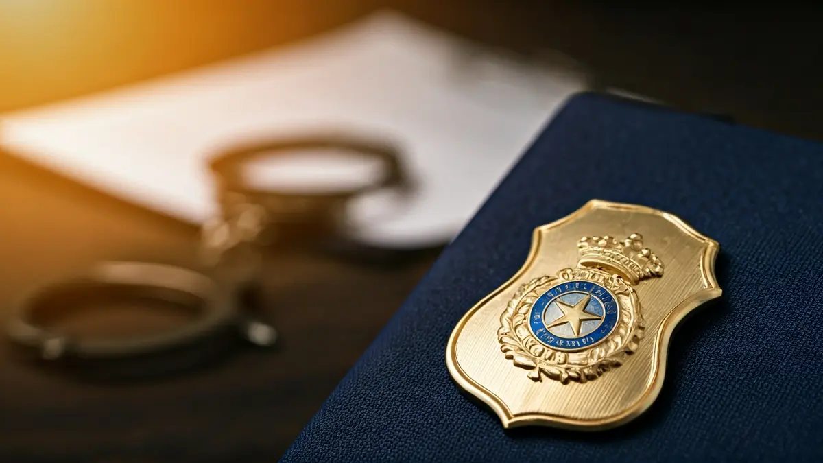 Imagen genérica de una placa de policía con documentos borrosos de fondo.