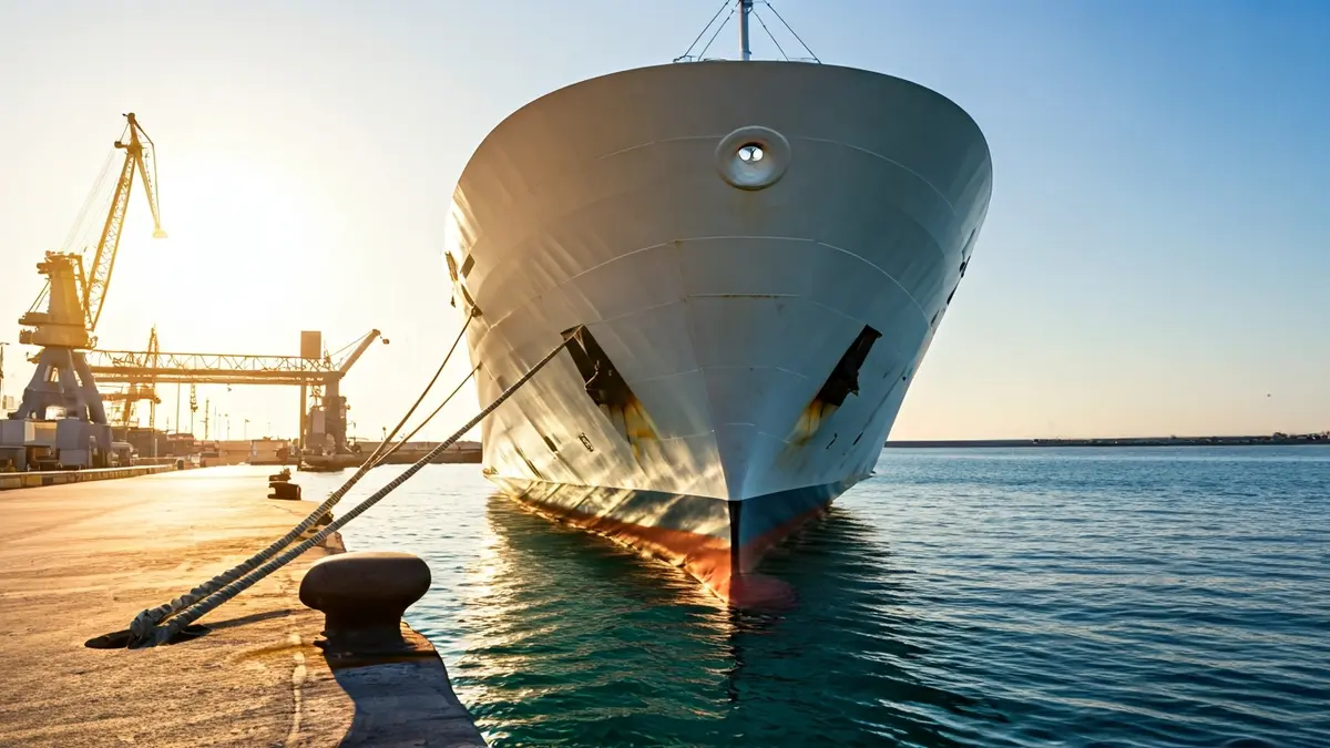 Imagen de la proa de un ferry amarrado en un puerto mediterráneo.